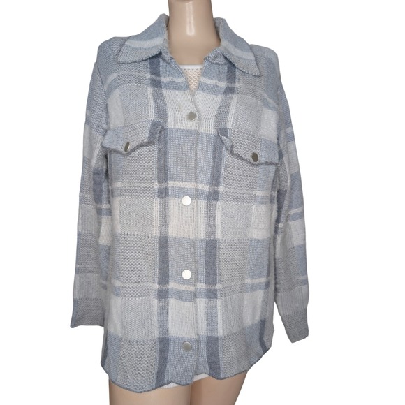 Rachel Zoe Sweaters - Rachel Zoe Blue Plaid Shacket Oversized Knit Cardigan Women Large Comfy Layer